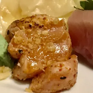 Salmon tataki nuggets with shichimi and garlic chips. A free add-on for being courteous and respectful.