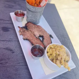 Brisket with Sweet Potato Fries and Mac &amp; Cheese