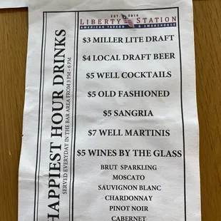 Happy Hour Drink Menu
