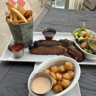 Fries, Brisket, Salad, and Cheese Curds