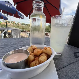 Cheese Curds, Fresh Lemonade, and Water