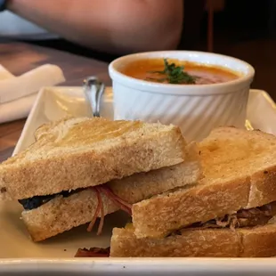 Hubby&apos;s brisket grilled cheese and tomato soup.