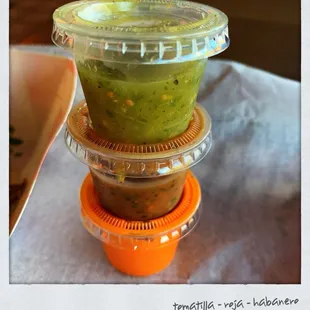 salsas ~ Tomatillo (mild) / Roja (medium) / Habanero (hot)