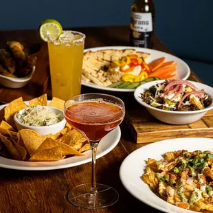 plates of food and drinks on a table