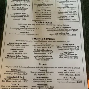Appetizers, burgers, sandwiches, pizzas