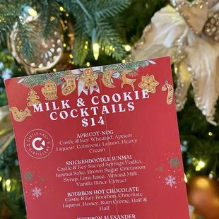the menu for milk and cookie cocktails