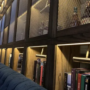 Books - left wall of you are facing bar. Best seats.