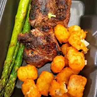 My take home of steak, tots, and asparagus