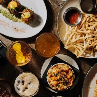 a table of food and drinks