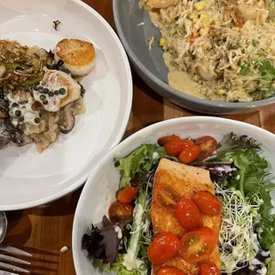 Surf &amp; turf, shrimp maque choux, and Scottish salmon salad