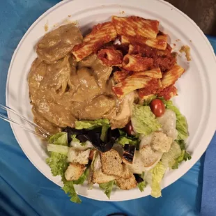 Garden salad, sugo pasta and chicken piccata