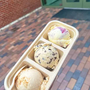 Ice Cream Flight (vegan cookie butter, coffee chip, and champagne &amp; berries)