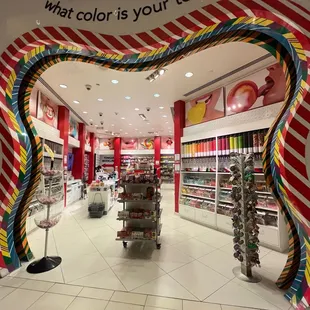 the entrance to a candy store
