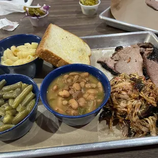 Brisket, pulled pork, charro beans, green beans and Mac n cheese. VERY good BBQ!
