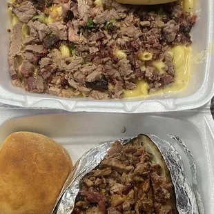 Loaded Mac and cheese with brisket  Loaded baked potato with brisket.