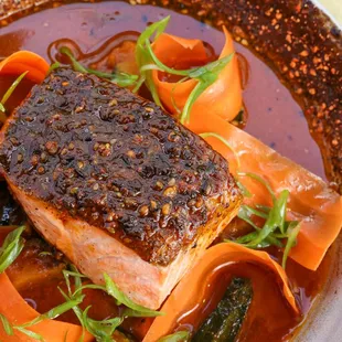 CRISPY SKIN SALMON / Carrot Dashi/ Kabocha Squash / Nori / Chili Crunch