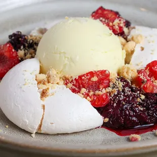 BERRY PAVLOVA / olive oil ice cream / milk crumbs