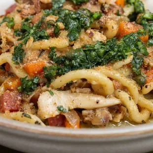 BRAISED RABBIT PICI  PANCETTA / CAPER GREMOLATA / SOURDOUGH BREADCRUMBS