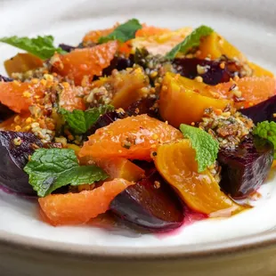 SMOKED BEET SALAD / Cara Cara / Whipped Goat Cheese / Mint / Dukkah