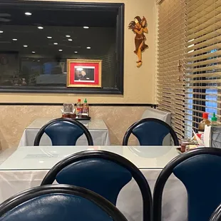 empty tables and chairs in a restaurant