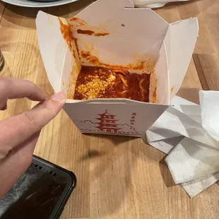 Our &quot;order&quot; of spaghetti.. aka a Chinese food Togo box filled 1/4 with spaghetti.