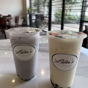 Taro milk tea and honey milk tea with boba