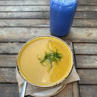 Butternut bisque + iced ocean blue latte