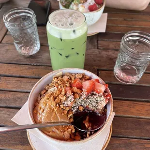 PB&amp;J açaí bowl, iced matcha with oat milk and green planet açaí bowl