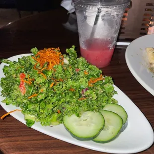 Rasta Pasta, kale salad, and cold pressed watermelon juice.