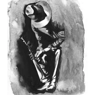 Black and grey watercolor portrait of Miles Davis.