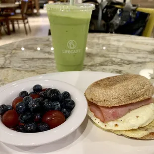 Egg white breakfast sammie and emerald energy shake