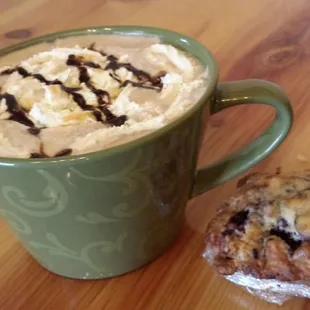 Mocha + caramel with a side of scone.