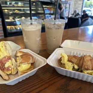 Bagel with pepper jack, bacon and eggs  Powerhouse on croissant