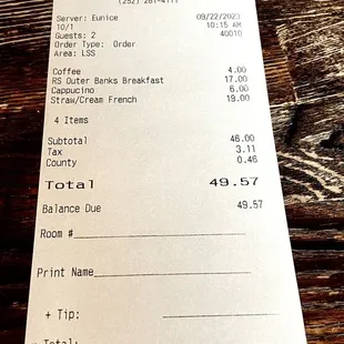 Breakfast bill - party of 2 - 2 bfast meals, 1 coffee, 1 cappuccino - $50 not including tip. (Read my review for my opinion of prices here.)