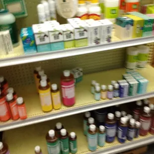 a shelf of products