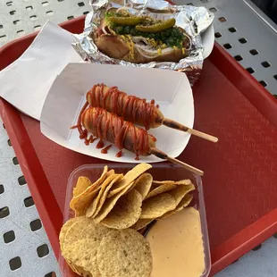 Chicago dog, corndog, &amp; chips with cheese