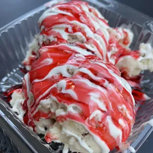 Vegan Cookie Dough with strawberry and marshmallow syrups (both syrups are vegan)