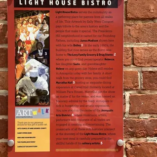 This sign explains the mural outside the restaurant.