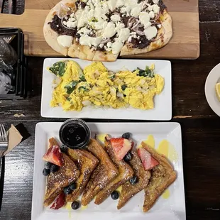Fig and goat cheese flatbread, 2 egg scramble, French toast