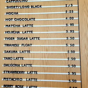 Coffee menu