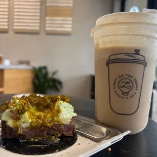 Pistachio Dark Chocolate tart and Lavender Latte with mouse topping.