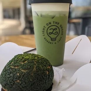 Matcha cream puff and matcha latte with mousse
