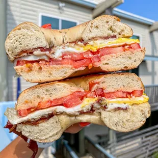 Bacon, egg, cheese, tomato on rosemary olive oil