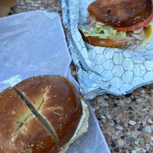 We ordered the Rosemary &amp; Sea-salt with cream cheese and the Southern Gentleman.