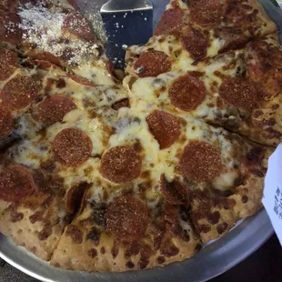 Pepperoni, beef, bacon pizza!