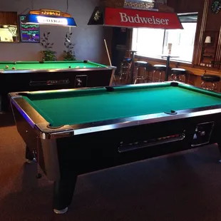 two pool tables and a bar