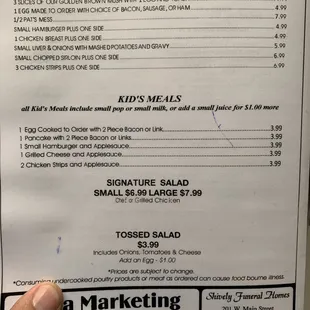 True menu of lighthouse cafe