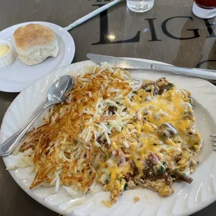 Machaca, hash browns, biscuit