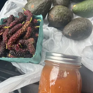 Mulberry, avocado, peach jam