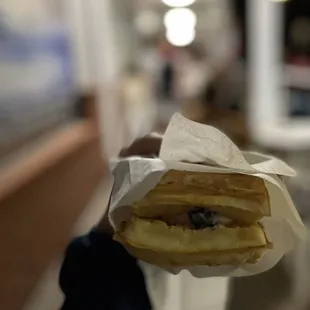 a hand holding a sandwich